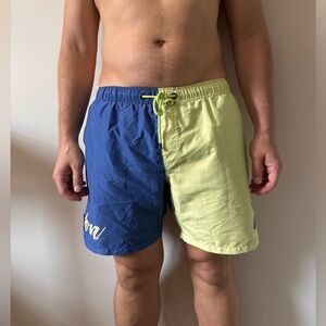 Two-Tone Blue and Yellow Swim Trunks